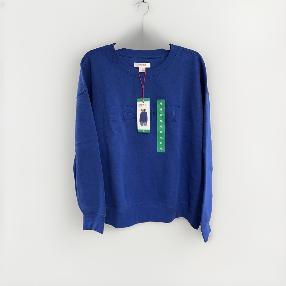 Esprit Women's Logo Fleece Crewneck Sweatshirt Blue Viral 80's Costco XL NEW